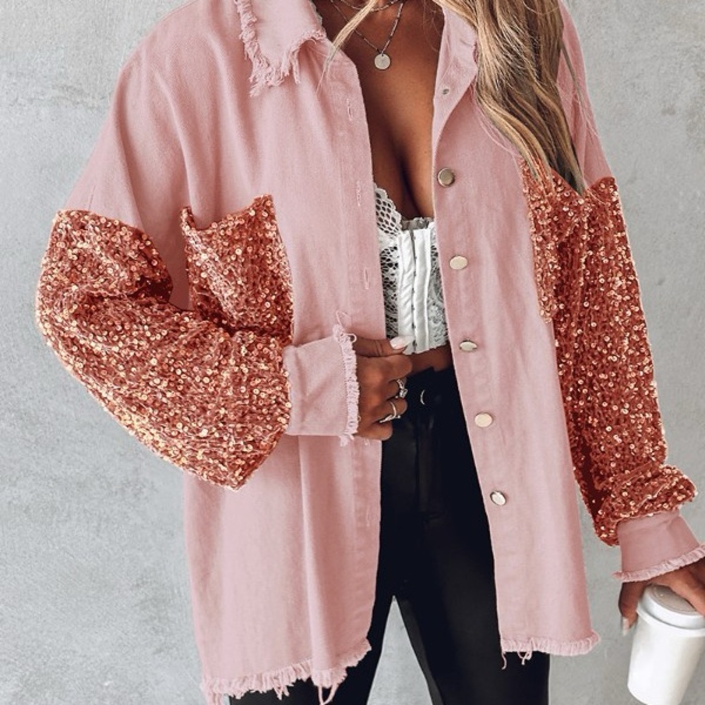 Oversized Pink Shacket Rose Gold Sequin Sleeves Western Glam Statement Jacket
